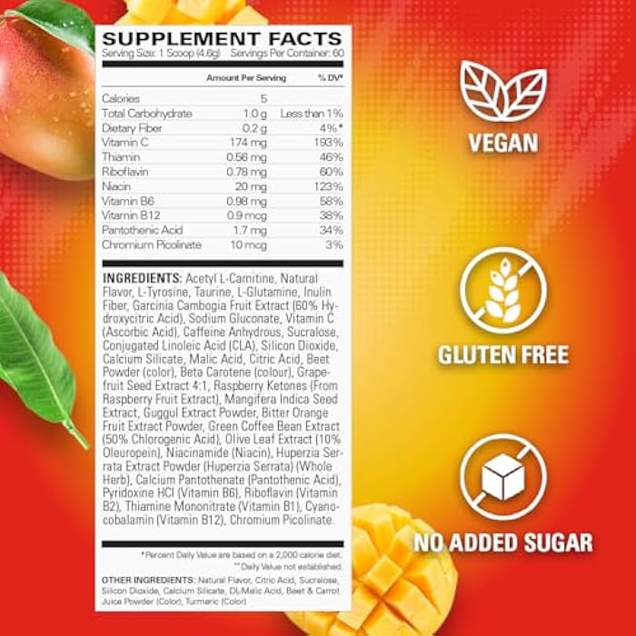 EHP Labs OxyShred Pre Workout Powder - Preworkout Powder with L Glutamine & Acetyl L Carnitine, Energy Boost Drink - Mango, 60 Servings - Image 3