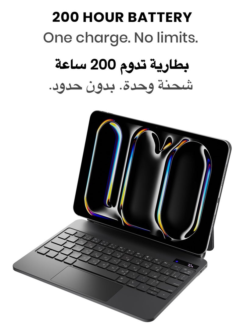 TinyMoose - SpacePad Pro Magic Keyboard for iPad – 5-Way Multi-Touchpad, LED Display, 7-Color Backlit, Scissor Keys, Bluetooth 5.0, Adjustable Stand – Compatible with iPad Pro 11 (M4) – Carbon Black – Supports English & Arabic - Image 1