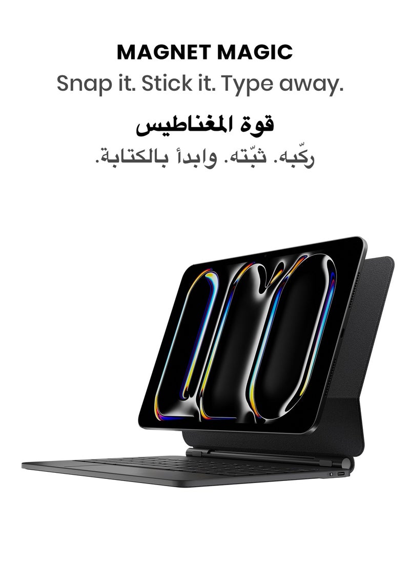 TinyMoose - SpacePad Pro Magic Keyboard for iPad – 5-Way Multi-Touchpad, LED Display, 7-Color Backlit, Scissor Keys, Bluetooth 5.0, Adjustable Stand – Compatible with iPad Pro 11 (M4) – Carbon Black – Supports English & Arabic - Image 1