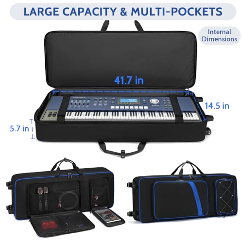 BOSSTIN 61 Key Keyboard Case with Wheels, Internal Size: 41.7"x 14.5"x 5.7", Waterproof Padded Rolling Gig Bag Keyboard Piano Case for 61 Key Piano Keyboard (Blue) - Image 2