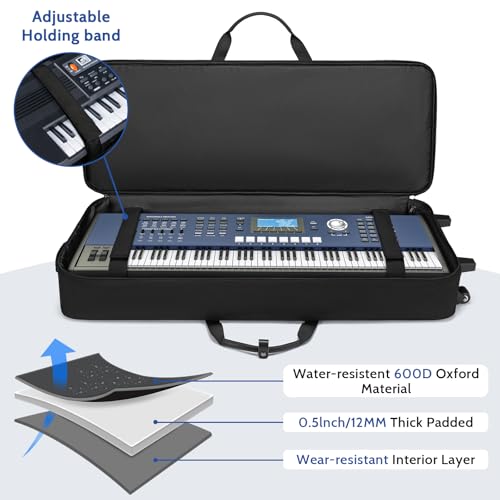 BOSSTIN 61 Key Keyboard Case with Wheels, Internal Size: 41.7"x 14.5"x 5.7", Waterproof Padded Rolling Gig Bag Keyboard Piano Case for 61 Key Piano Keyboard (Blue) - Image 3