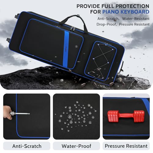 BOSSTIN 61 Key Keyboard Case with Wheels, Internal Size: 41.7"x 14.5"x 5.7", Waterproof Padded Rolling Gig Bag Keyboard Piano Case for 61 Key Piano Keyboard (Blue) - Image 4