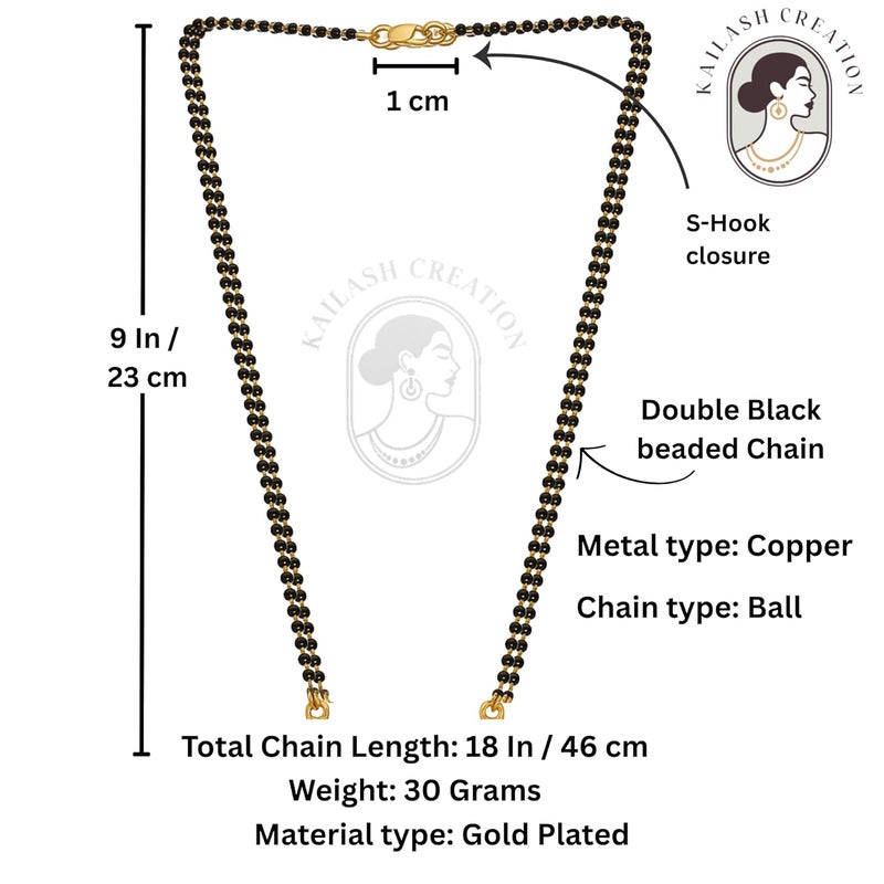 Kailash Creation 22 K Gold Plated Gold Plated Mangalsutra Chain for women stylish – 18 Inch and 24 inches Black Beads Without Pendant For Women Brass Mangalsutra with lobster lock and S-Hook Clasp - Image 2