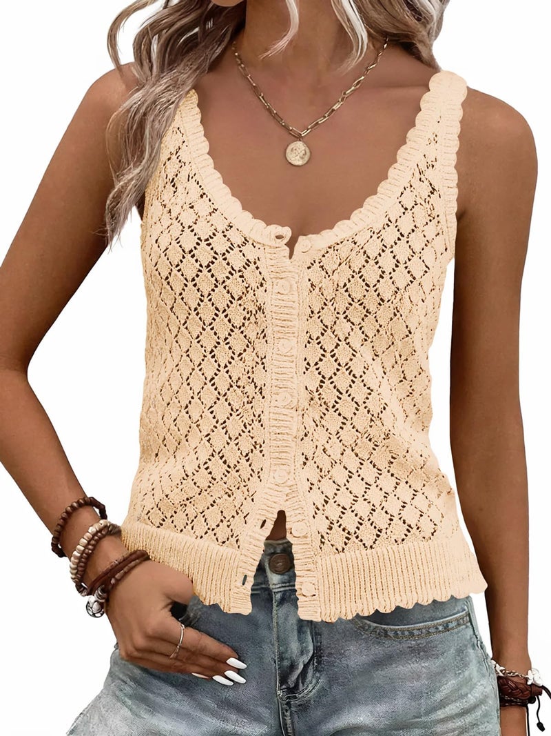 Fisoew Womens Sweater Tank Tops Summer Sleeveless Crochet Cardigan Button Down Boho Knit Going Out Vest Tops Apricot - Image 1