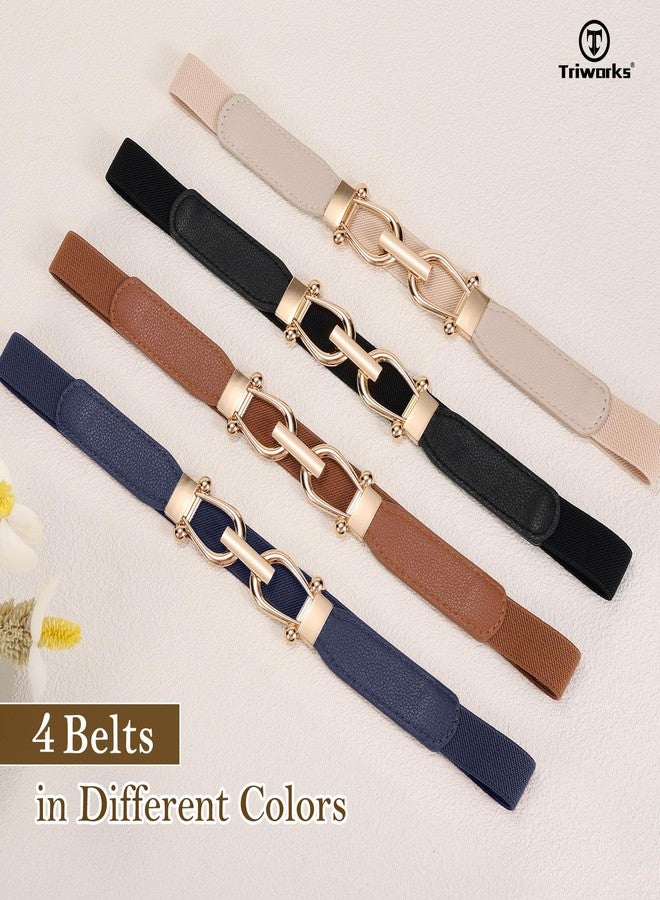 TRIWORKS 4 Pack Women's Elastic Skinny Belt Fashion Alloy Buckle Stretchy Thin Waist Belts for Dresses Black/Brown/Blue/Beige - Image 4