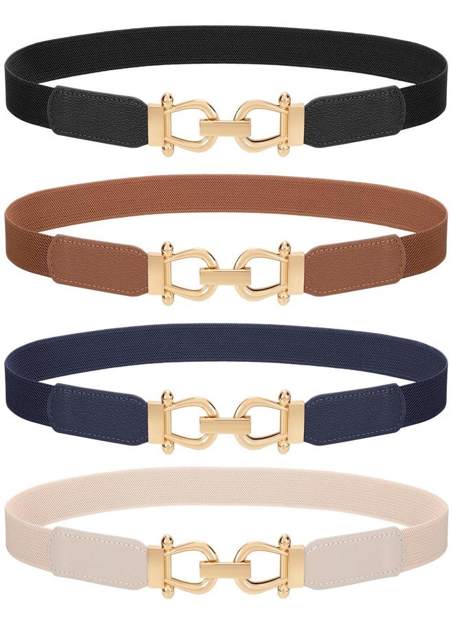 TRIWORKS 4 Pack Women's Elastic Skinny Belt Fashion Alloy Buckle Stretchy Thin Waist Belts for Dresses Black/Brown/Blue/Beige - Image 1