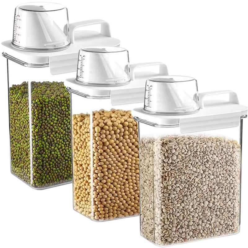 3PCS Rice Airtight Storage Container Cereal Dry Food Flour Bin Small Rice Bucket with Measuring Cup and Pour Spout Kitchen Plastic Airtight Container for Grain Flour Oatmeal Pet Food 1800?ml