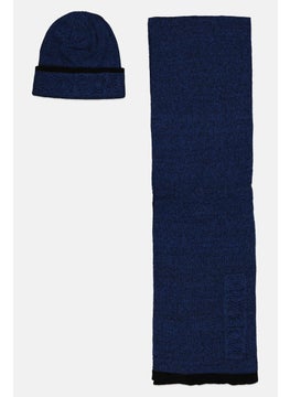 Men 2 Pcs Brand Logo Scarf And Beanie Gift Set, Blue