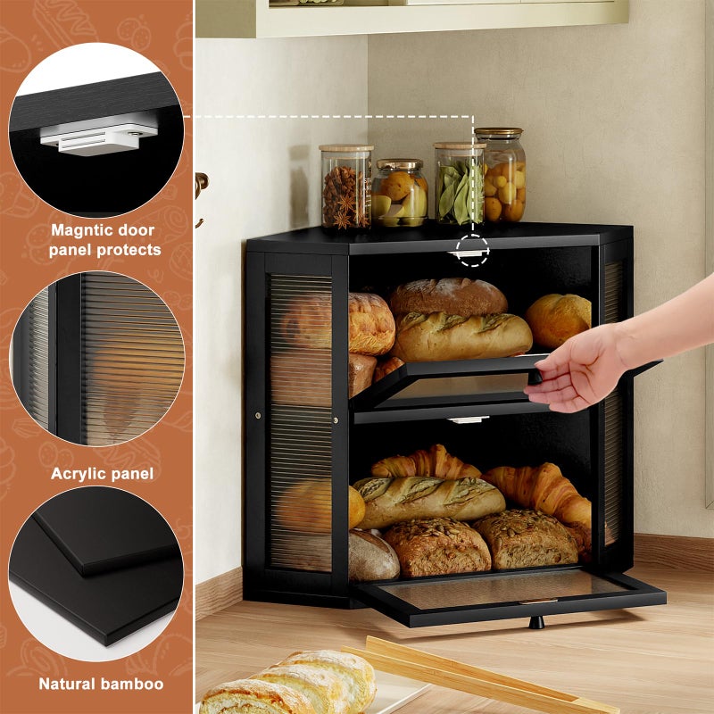 WOWLIVE Corner Bread Box for Kitchen Countertop, Double Layer Bamboo Bread Storage Container, Large Farmhouse Bread box with Acrylic Wavy Door Panel, Under Cabinet Organizer (Black, Medium) - Image 4