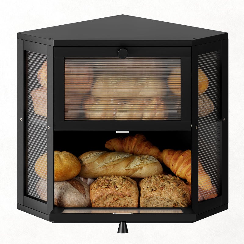 WOWLIVE Corner Bread Box for Kitchen Countertop, Double Layer Bamboo Bread Storage Container, Large Farmhouse Bread box with Acrylic Wavy Door Panel, Under Cabinet Organizer (Black, Medium) - Image 1