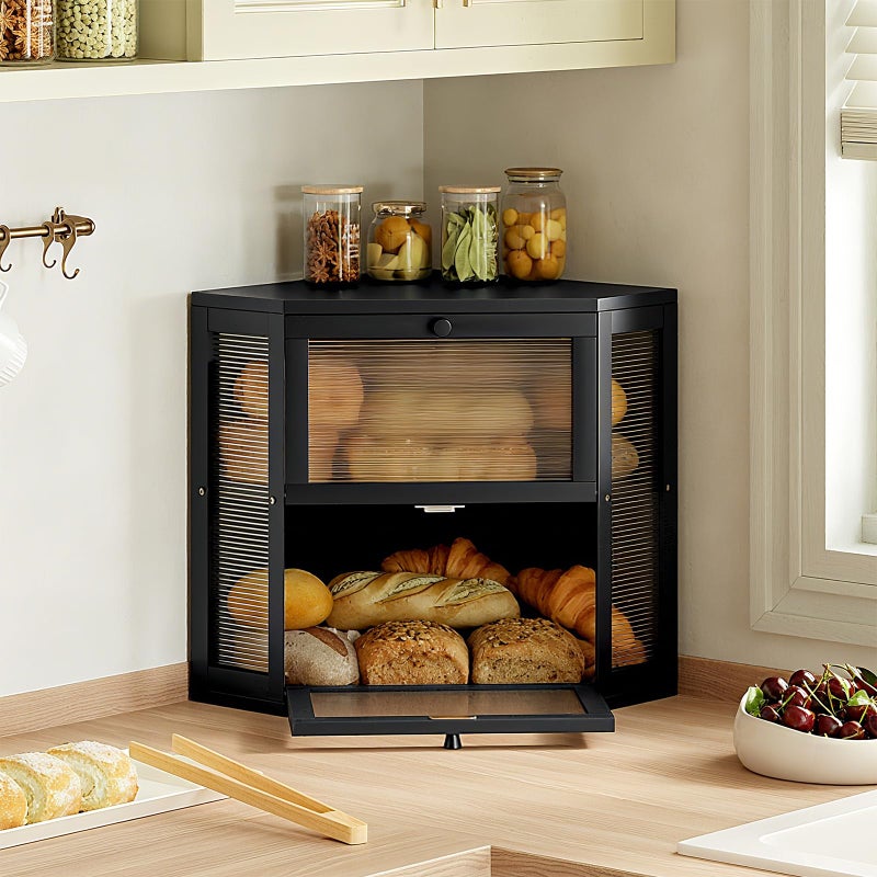 WOWLIVE Corner Bread Box for Kitchen Countertop, Double Layer Bamboo Bread Storage Container, Large Farmhouse Bread box with Acrylic Wavy Door Panel, Under Cabinet Organizer (Black, Medium) - Image 2
