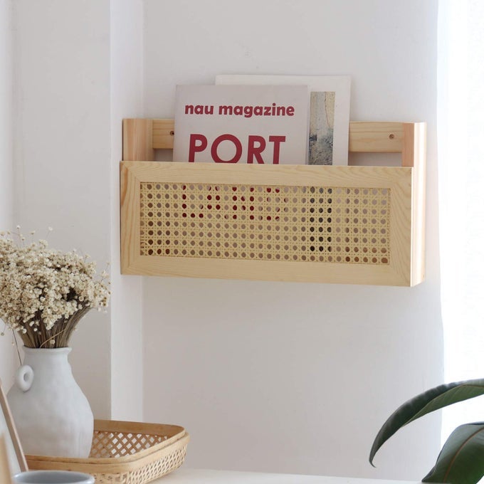 FIRADE Wood Magazine Wall Rack with PE Rattan GridSize 173 x 4 x 94File Holder for EntrywayLiving RoomWaiting RoomKids RoomOffice