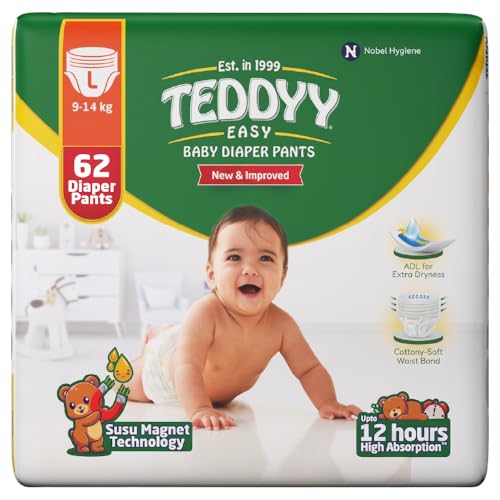 TEDDYY Easy Baby L Size Diaper Pant Style | 62 Count (Large) | 9–14 kg (Pack of 1) | Long Protection Hours | Anti-Bacterial | Airy Breathable Fit | Rapid Soaker Channels & Wetness Indicator - Image 1