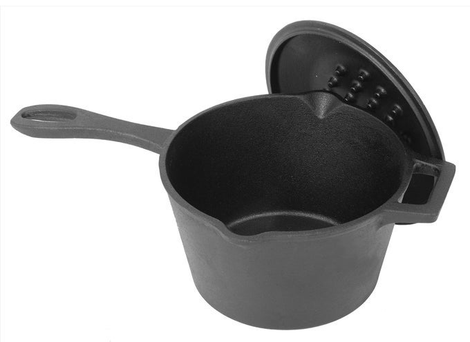 7448 25QT CAST IRON COVERED SAUCE POT FEATURES SELFBASTING DOMED LID PERFECT FOR REDUCING SAUCES SIMMERING SOUPS OR BOILING EGGS