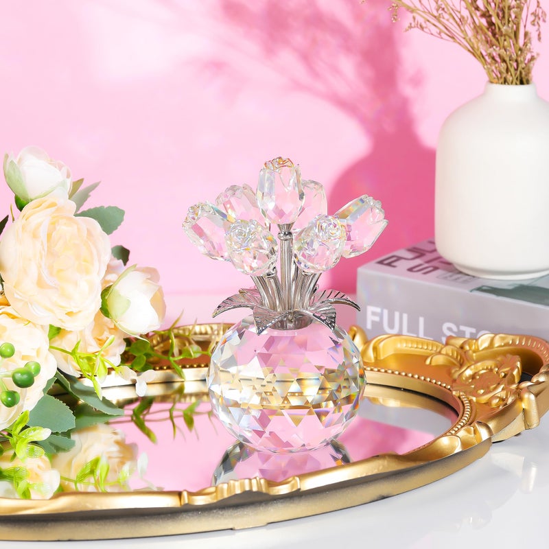 Movdyka Clear Rose Flower Crystal Figurine with Vase  Bouquet Flowers Ornament Gifts for Wife Girlfriend Women  Handmade Crystal Flower Collectible Home Table Decor for Valentines Day Wedding Anniversary - Image 3