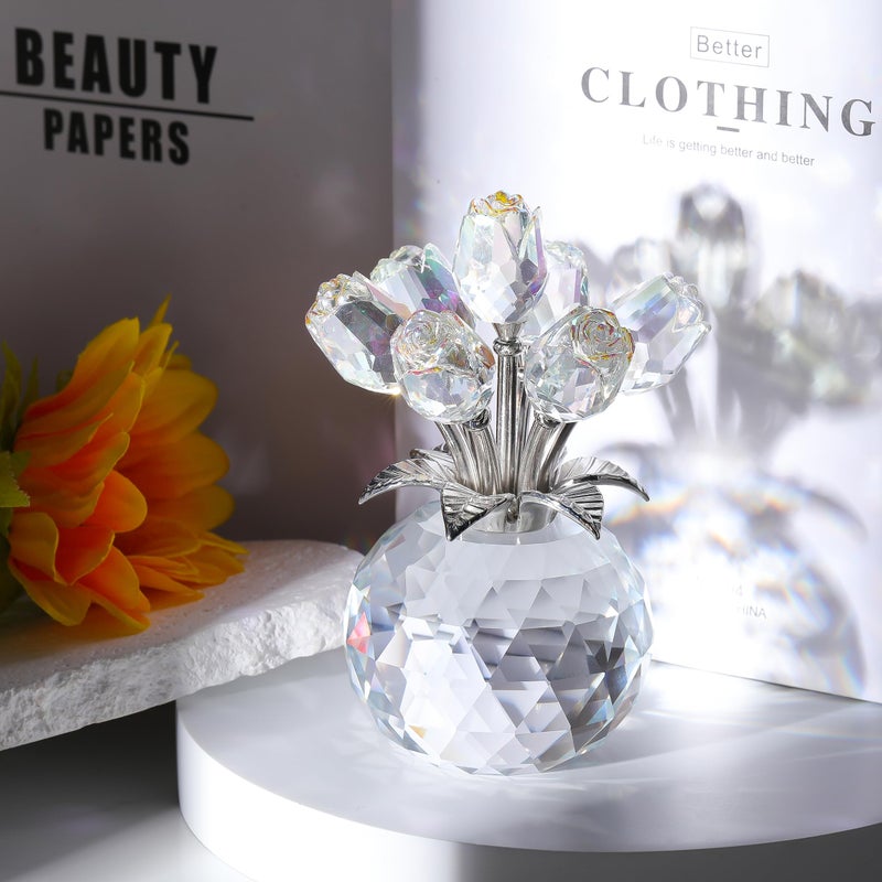 Movdyka Clear Rose Flower Crystal Figurine with Vase  Bouquet Flowers Ornament Gifts for Wife Girlfriend Women  Handmade Crystal Flower Collectible Home Table Decor for Valentines Day Wedding Anniversary - Image 2