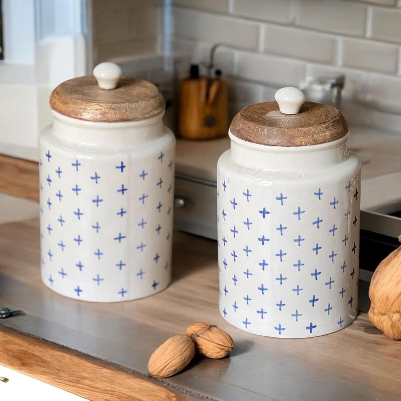 BACKKSPACE RETAIL Ceramic Jars for Kitchen Storage with Wooden Lid Pickle Spices Stoneware Food Storage Jar Box with Airtight Silicone Seal Blue Plus Pack of 2 Capacity1000ml - Image 1