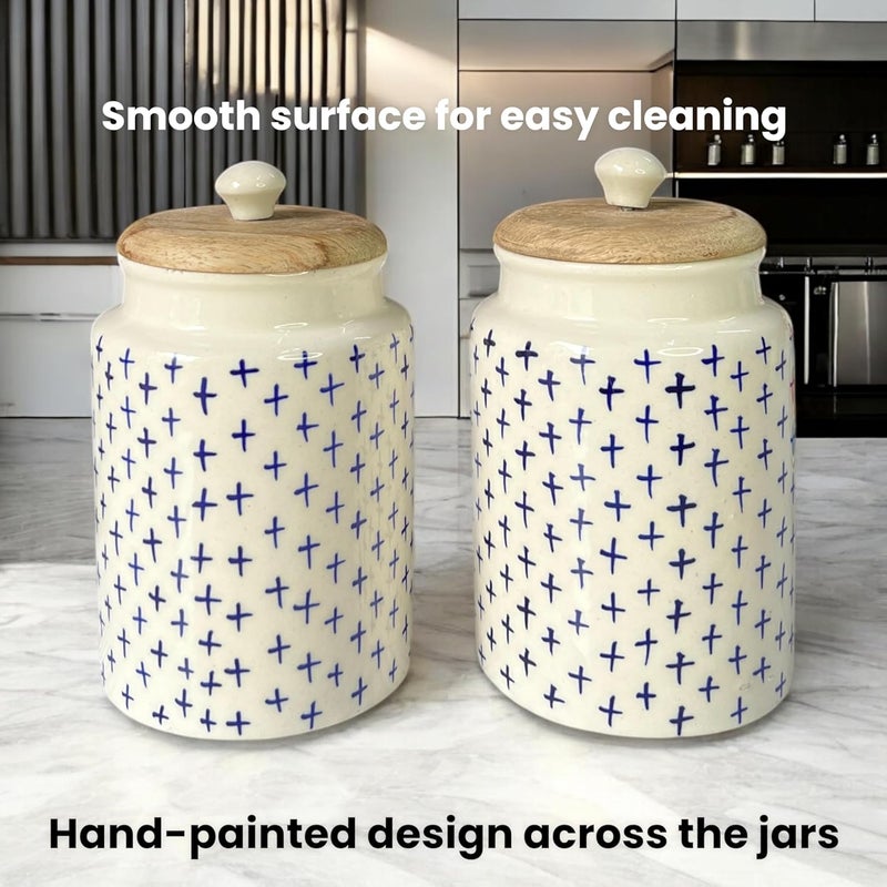 BACKKSPACE RETAIL Ceramic Jars for Kitchen Storage with Wooden Lid Pickle Spices Stoneware Food Storage Jar Box with Airtight Silicone Seal Blue Plus Pack of 2 Capacity1000ml - Image 4