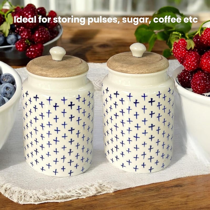 BACKKSPACE RETAIL Ceramic Jars for Kitchen Storage with Wooden Lid Pickle Spices Stoneware Food Storage Jar Box with Airtight Silicone Seal Blue Plus Pack of 2 Capacity1000ml - Image 5