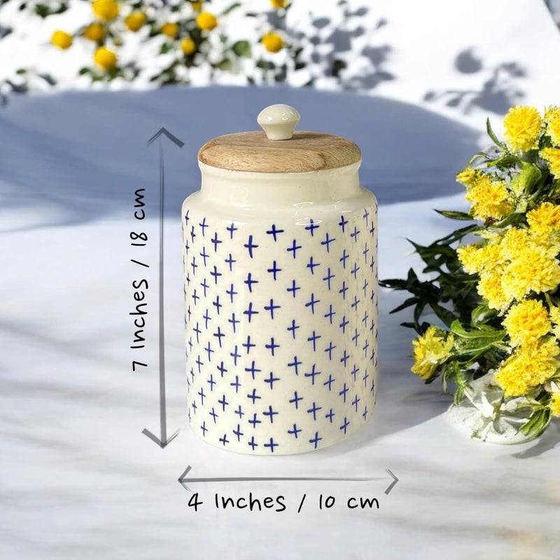 BACKKSPACE RETAIL Ceramic Jars for Kitchen Storage with Wooden Lid Pickle Spices Stoneware Food Storage Jar Box with Airtight Silicone Seal Blue Plus Pack of 2 Capacity1000ml - Image 3