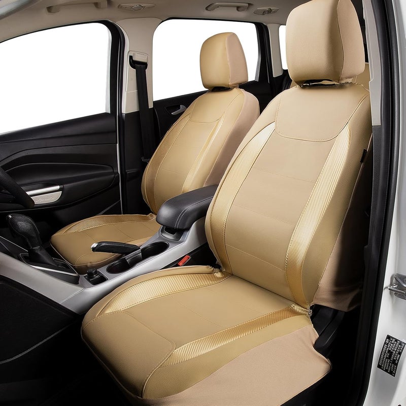 Flying Banner Waterproof Faux Leather Car Seat Covers - Golden Beige Front Pair - Image 2
