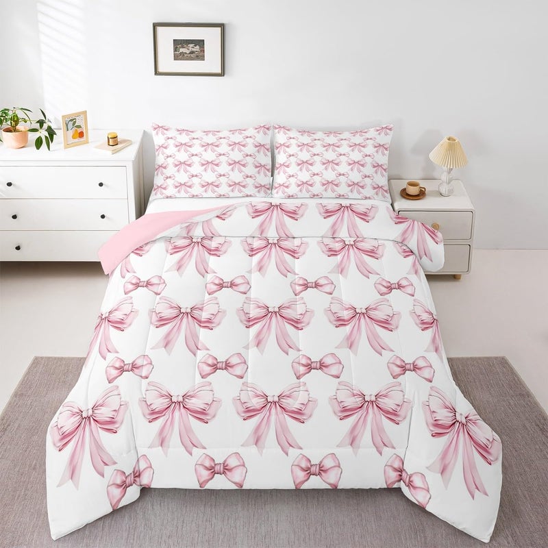 Erosebridal Pink Bow Twin Comforter Set for Girls - Cute Pink Bows Bedding Sets for Kids Teen, Preppy Bow Tie Bowknot Bed Set, Princess Ribbons Aesthetic Room Decor with 1 Pillowcase - Image 1
