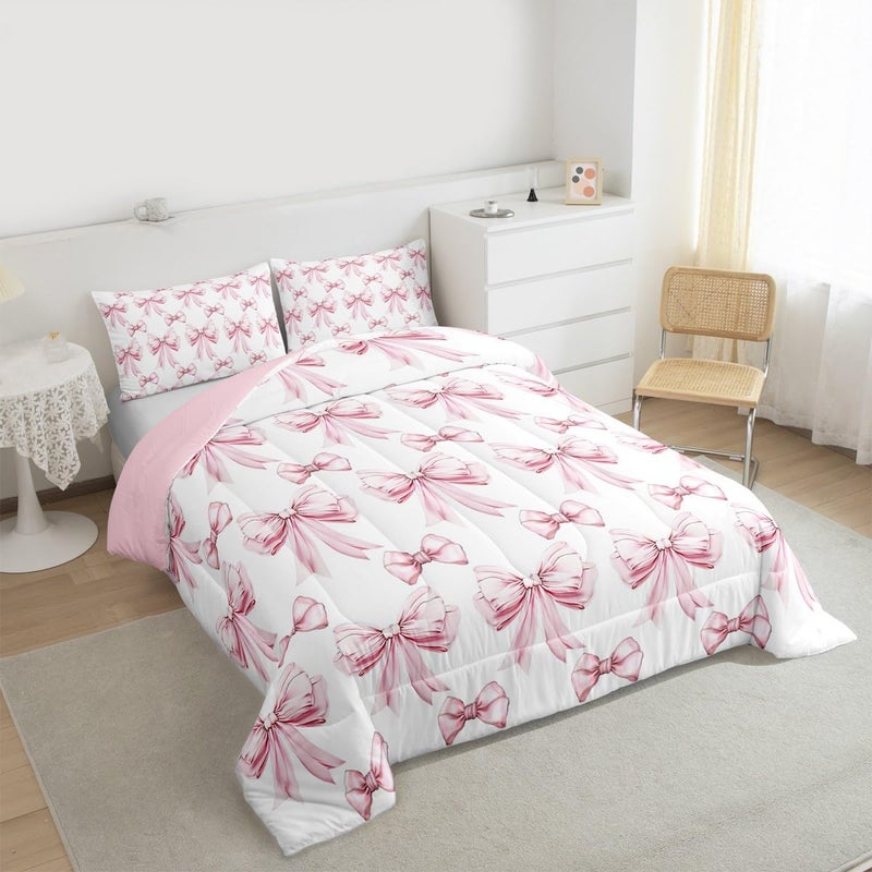 Erosebridal Pink Bow Twin Comforter Set for Girls - Cute Pink Bows Bedding Sets for Kids Teen, Preppy Bow Tie Bowknot Bed Set, Princess Ribbons Aesthetic Room Decor with 1 Pillowcase - Image 5