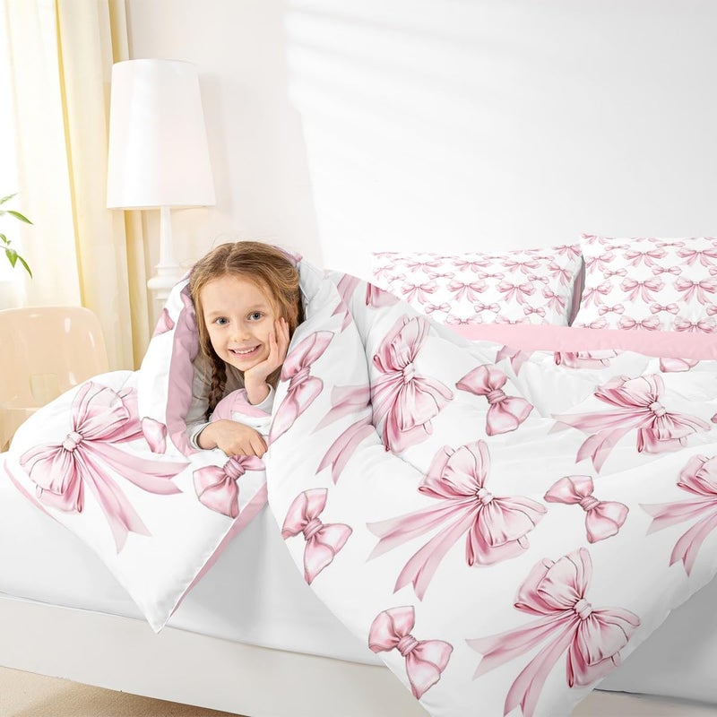 Erosebridal Pink Bow Twin Comforter Set for Girls - Cute Pink Bows Bedding Sets for Kids Teen, Preppy Bow Tie Bowknot Bed Set, Princess Ribbons Aesthetic Room Decor with 1 Pillowcase - Image 4