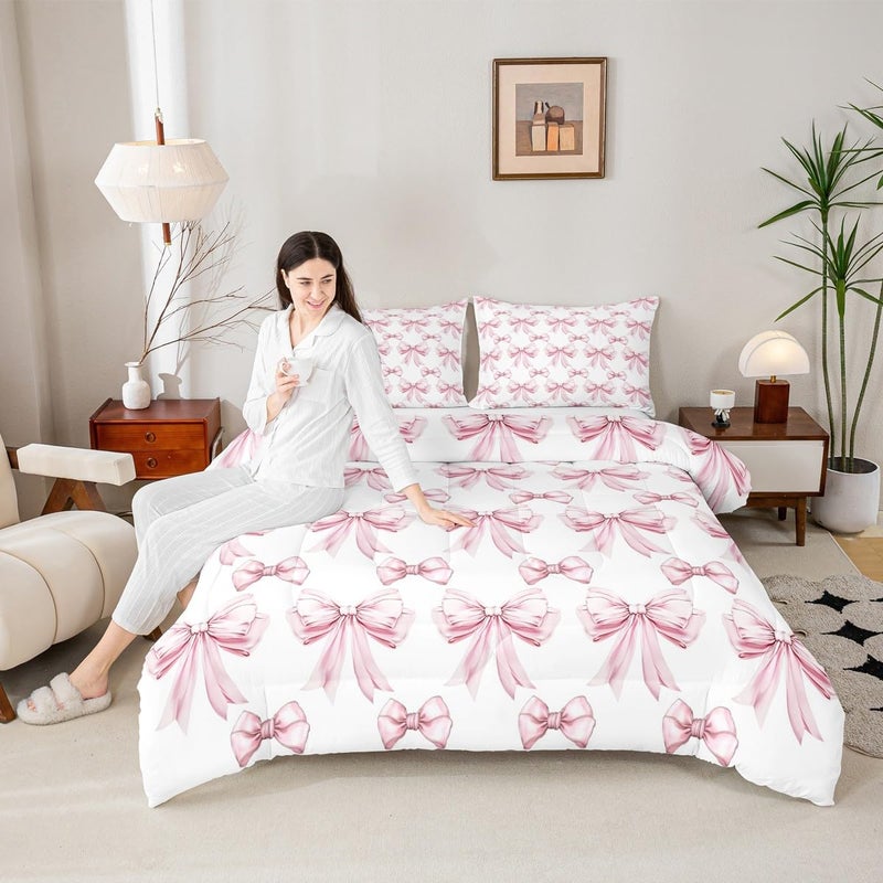 Erosebridal Pink Bow Twin Comforter Set for Girls - Cute Pink Bows Bedding Sets for Kids Teen, Preppy Bow Tie Bowknot Bed Set, Princess Ribbons Aesthetic Room Decor with 1 Pillowcase - Image 2