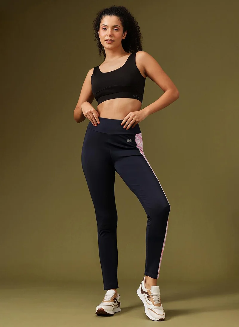 Clovia Clovia High Rise Active Tights in Navy with Pink Side Panels