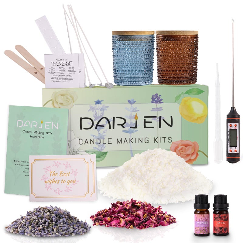 DARJEN Candle Making Kits for Beginners, DIY Starter Scented Candles Making Kit - 2 Glass Jars(Blue, Amber), Soy Wax, Scented, Card & More, Full Soy Candle Making Supplies Set Perfect Gifts - Image 1