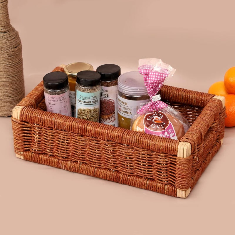 Akway AKWAY Wicker Rectangular Basket For Keeping Cloths,Storage Basket,Bin Organizer For Toiletry,Kitchen Utilites Cosmetic Towels Bathroom Trya&Kitchen Organizer Bamboo Basket (16 L X 9 W X 4.5H) Brown  - Image 1