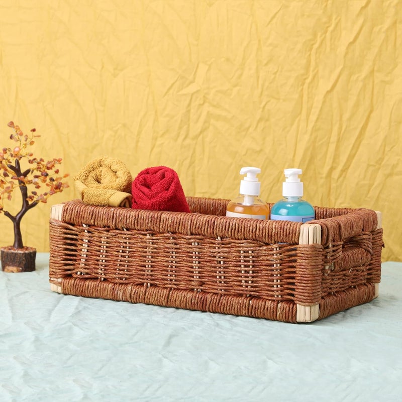 Akway AKWAY Wicker Rectangular Basket For Keeping Cloths,Storage Basket,Bin Organizer For Toiletry,Kitchen Utilites Cosmetic Towels Bathroom Trya&Kitchen Organizer Bamboo Basket (16 L X 9 W X 4.5H) Brown  - Image 2