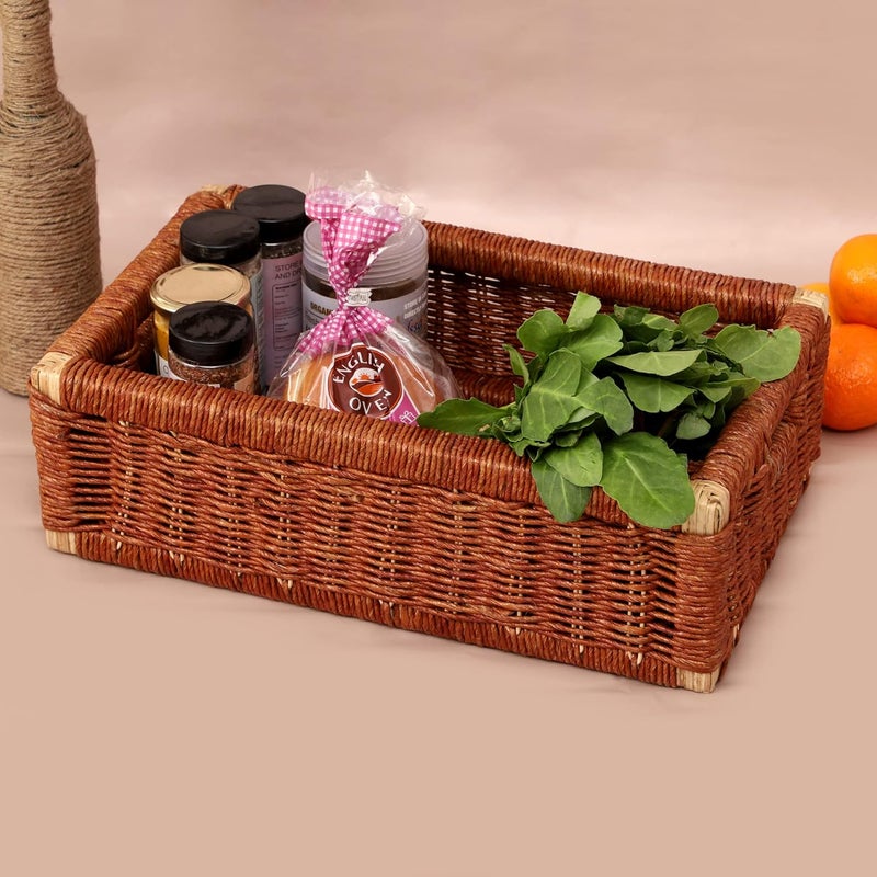 Akway AKWAY Wicker Rectangular Basket For Keeping Cloths,Storage Basket,Bin Organizer For Toiletry,Kitchen Utilites Cosmetic Towels Bathroom Trya&Kitchen Organizer Bamboo Basket (16 L X 9 W X 4.5H) Brown  - Image 3