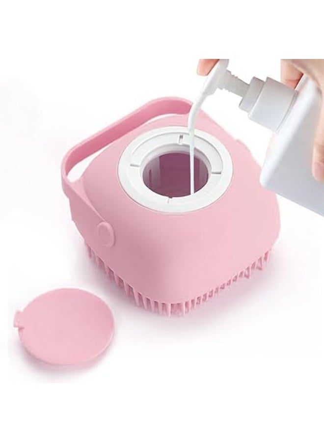 Pink Pet Grooming Bath Massage Brush with Soap and Shampoo Dispenser Soft Silicone Bristle for Long Short Haired Dogs Cats Shower - Image 1