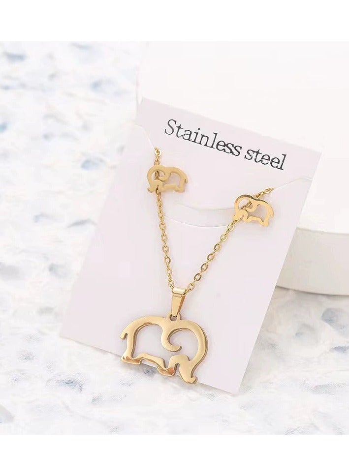Stainless Steel Elephant Jewelry Set – Geometric Stud Earrings & Pendant Necklace 3PCS for Women, Elegant Daily Wear