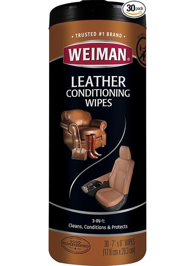 Weiman Leather Cleaner & Conditioner Wipes With UV Protection, Prevent Cracking Or Fading Of Leather Couches, Car Seats, Shoes, Purses - 30 ct - Image 1