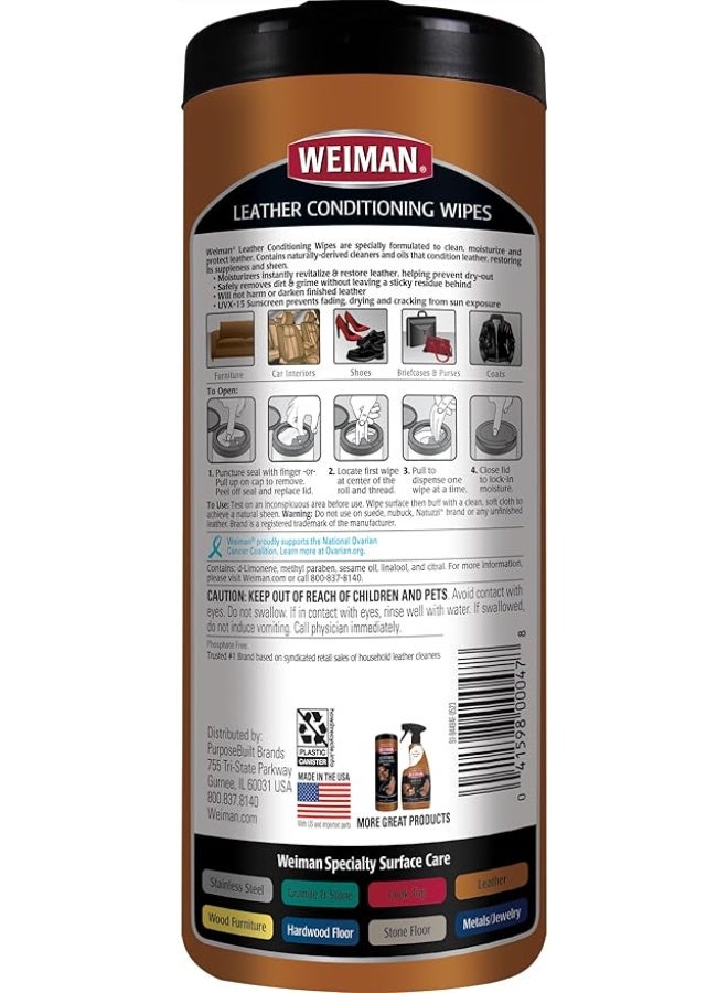 Weiman Leather Cleaner & Conditioner Wipes With UV Protection, Prevent Cracking Or Fading Of Leather Couches, Car Seats, Shoes, Purses - 30 ct - Image 2