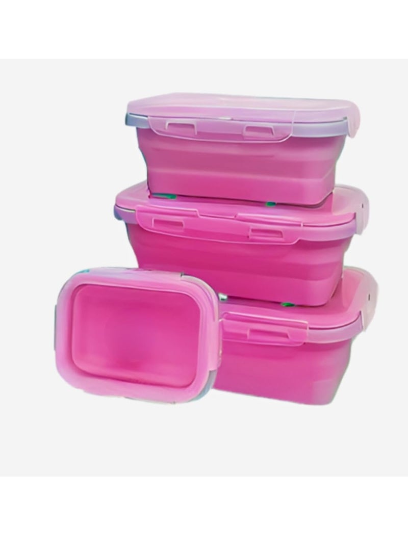 4 Pack Collapsible Silicone Food Storage Containers with Lids, Stackable Flat Bins, Microwave Safe for Keeping Food Fresh in Fridge, Rectangular Design, Heat Resistant up to 230 Degrees Pink - Image 1