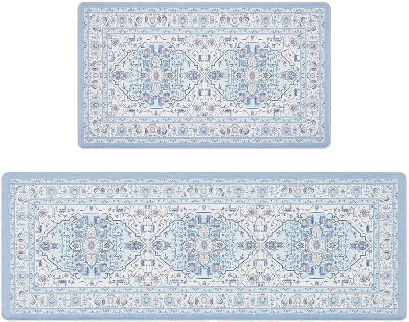 Fresh Mint Anti Fatigue Kitchen Mats Set 2 PCS, Waterproof & Non-Skid Medallion Kitchen Rugs, Cushioned Kitchen Floor Mats for Standing Washable Comfort Kitchen Runners for Lanudry, Office, Sink - Image 1
