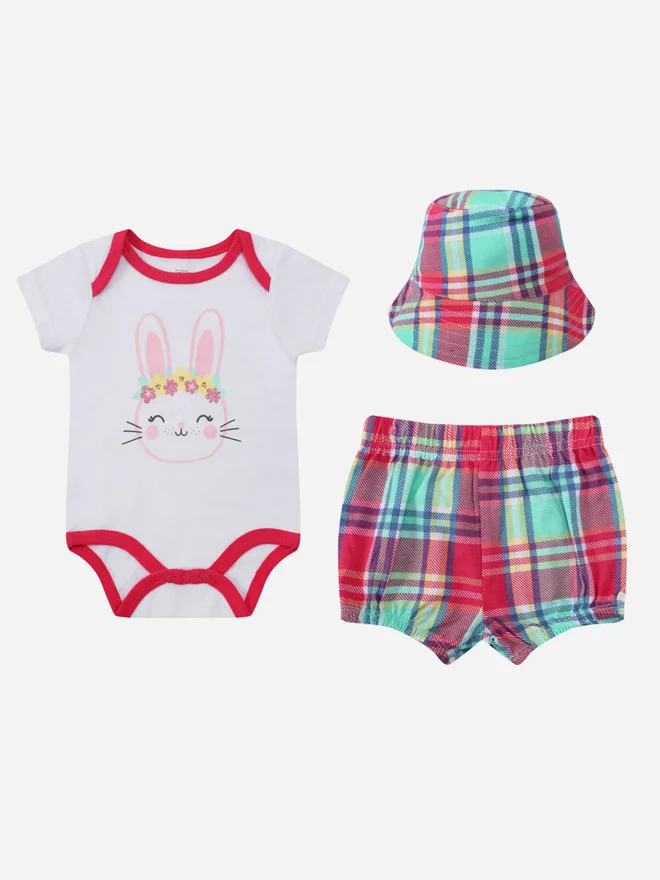 Mothers Choice Pack of 3 - Baby Cotton Bodysuit with Shorts and Sun Hat