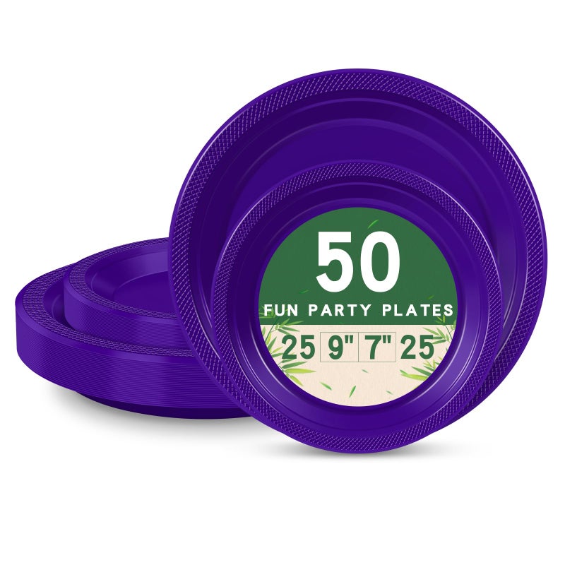 LANLISA 50 Pcs Purple Plastic Plates For Party, 25-9" & 25-7" Disposable Cake Dessert Plates For Birthday, Graduation, Mothers Day, Halloween Dinner - Image 1