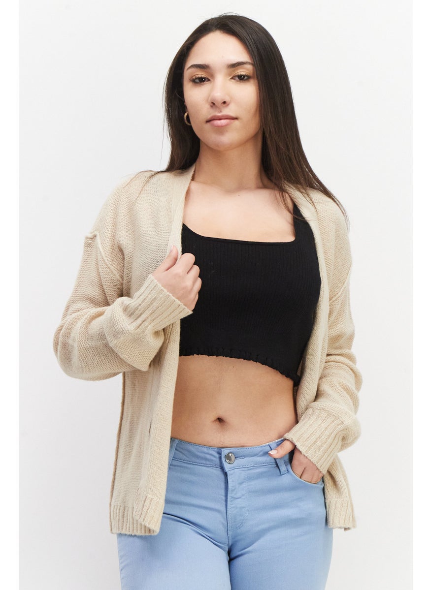 EDC Women V-Neck Long Sleeves Textured Sweater, Beige  - Image 1