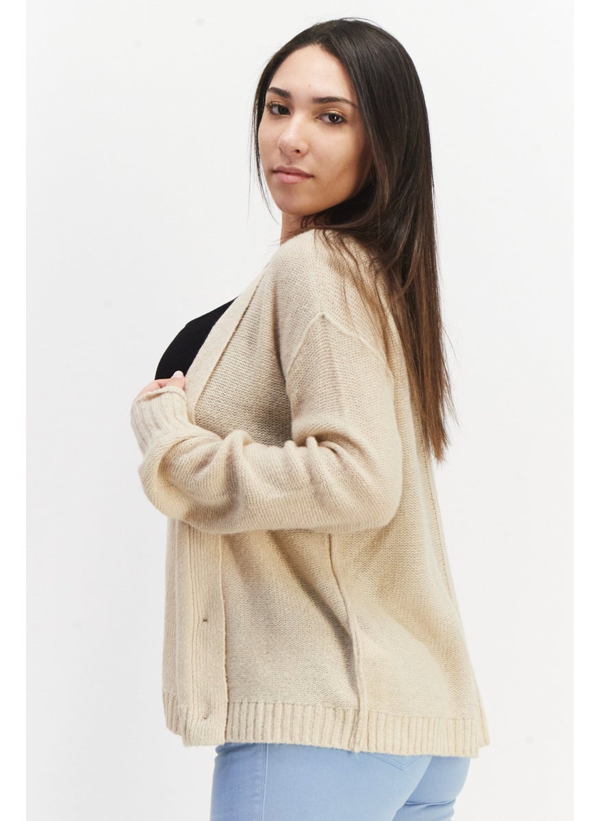 EDC Women V-Neck Long Sleeves Textured Sweater, Beige  - Image 3