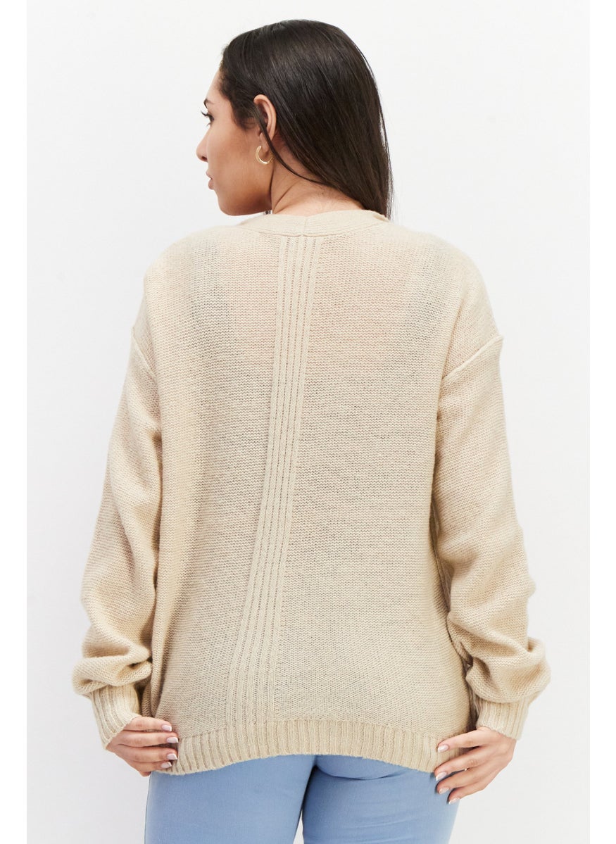 EDC Women V-Neck Long Sleeves Textured Sweater, Beige  - Image 2