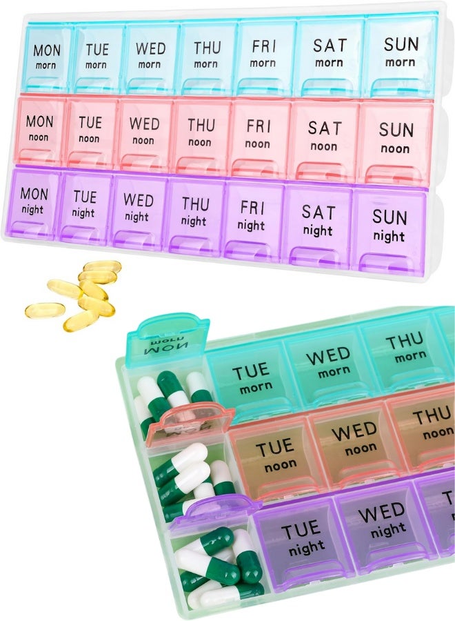 Large Weekly Pill Organizer 3 Times A Day - 7 Day Medicine Dispenser Box with 21 Compartments for Morning, Noon, and Night | Portable, Moisture-Proof Travel Pill Case for Pills, Vitamins, Fish Oil, and Supplements | Exceptional Contoured Design with Bold, Easy-to-Read Lettering. - Image 1