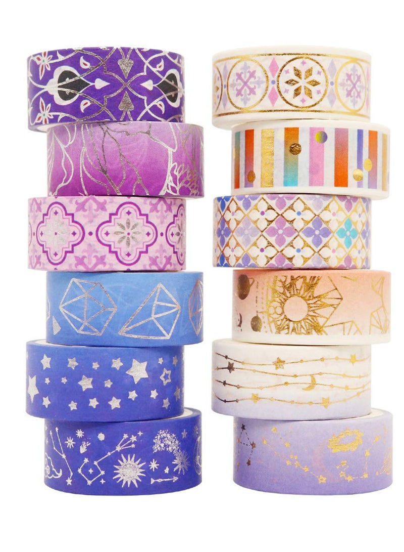 Poetic Gold Washi Tape Set, Floral Silver Foil Masking Tape Decorative for Arts, DIY Crafts, Journal Supplies, Planners, Scrapbook, Card, Gift Wrapping15mm (Purple Night 12 Rolls)
