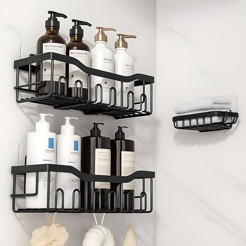 JIALTO Bathroom Organiser Set, 3-in-1 Self-Adhesive Wall Mount Shelves with Soap Holder, No-Drill Installation, Rustproof Stainless Steel Bathroom Shelf (Black) - Image 1