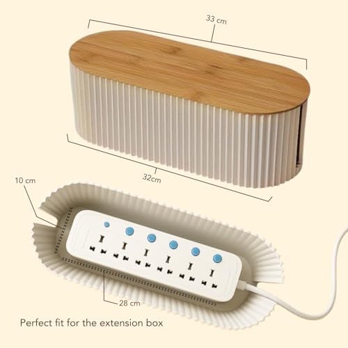 Soko Cable Management Box with Bamboo Lid | Cords Hider & Surge Protector | Concealer for Power Strips, Router, TV, Gadget Wires Storage Organiser Tray for Desk, Table - Home, Office - Off-White - Image 3