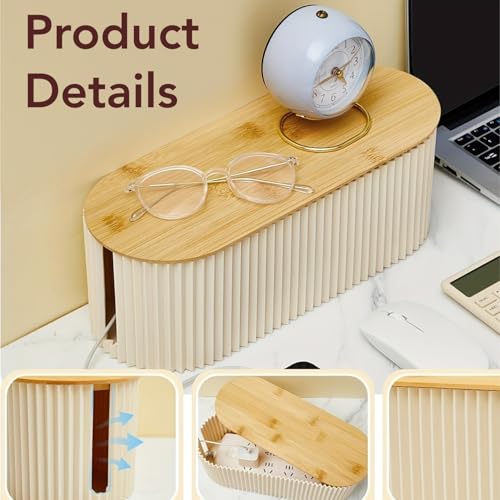 Soko Cable Management Box with Bamboo Lid | Cords Hider & Surge Protector | Concealer for Power Strips, Router, TV, Gadget Wires Storage Organiser Tray for Desk, Table - Home, Office - Off-White - Image 4